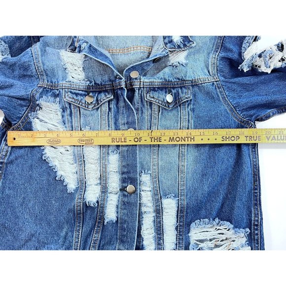 Akira Chicago Red Label Distressed Denim Jean Jacket Size Women’s Large - Picture 11 of 13